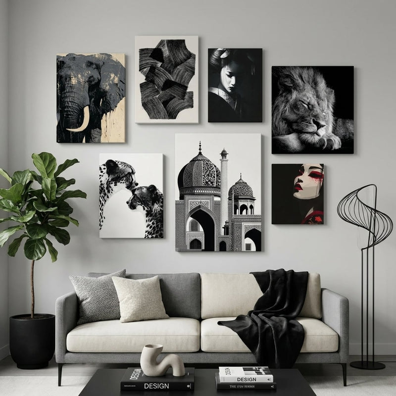 Mur-galerie de tableaux noir et blanc — toile sur châssis, décoration murale | MyselfMonArt