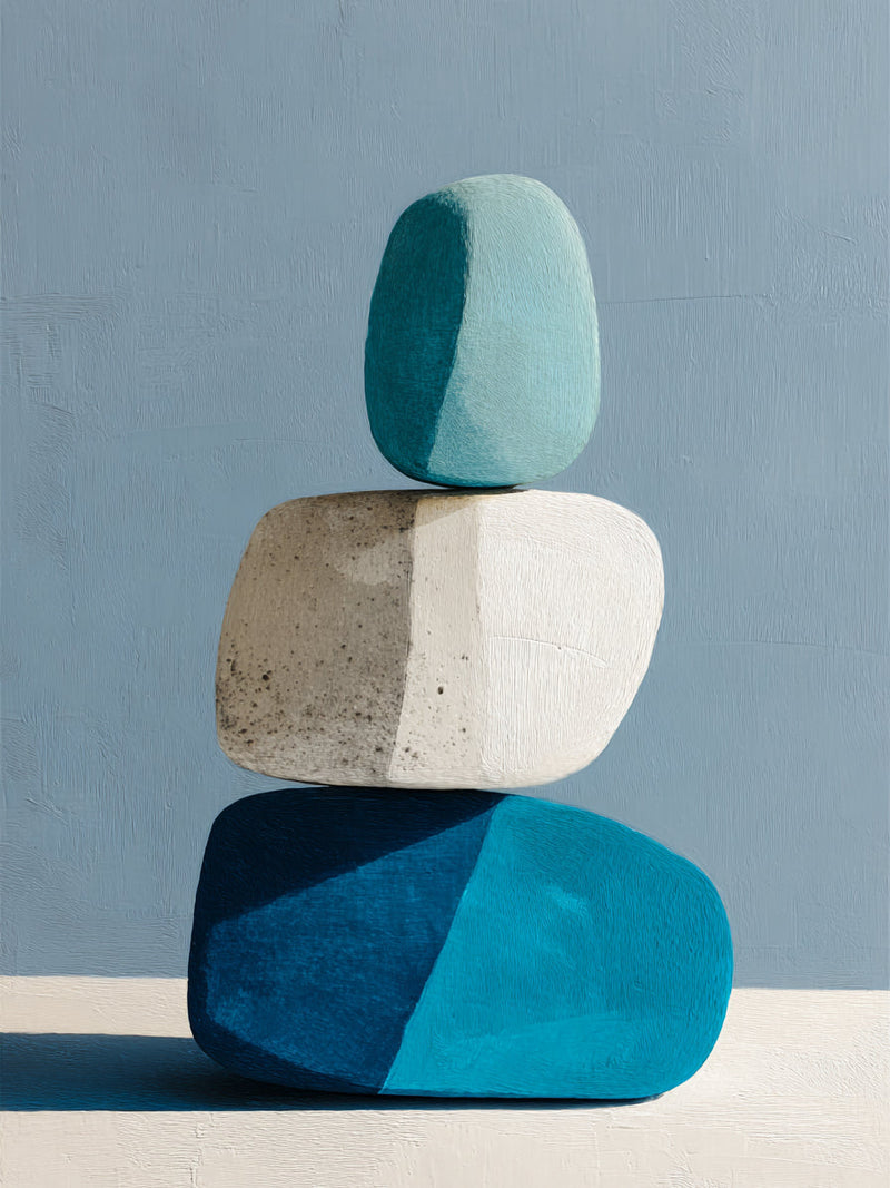 Tableau zen de galets empilés, style minimaliste aux teintes bleues