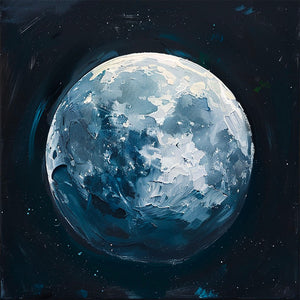 painting style canvas, moon representation, planet.