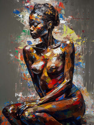 Canvas depicting a seated nude woman painted with vibrant colors on a gray background. The expressive features and paint effect create a strong, modern artistic atmosphere with a raw yet harmonious style.