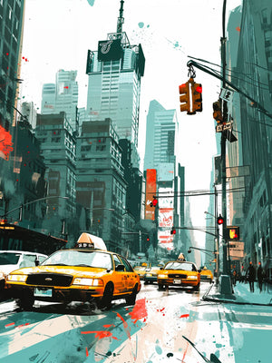 NYC painting canvas, yellow taxi and skyscrapers