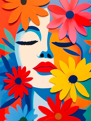 Vibrant illustration of a woman amidst a colorful bouquet, captivating the eye