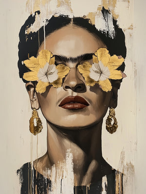 Artistic portrait of a woman inspired by Frida Kahlo, with golden flowers as glasses. The piece is painted in a modern style with golden touches adding a luxurious texture. Her strong expression and prominent earrings enhance the painting's intensity.