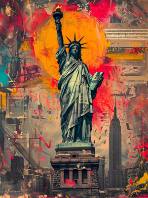 Liberty Statue canvas, paint splashes, street art style, New York City skyline backdrop.