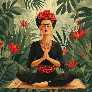 Artistic canvas Frida Kahlo, tropical floral detail, meditation zen energy, vibrant interior style