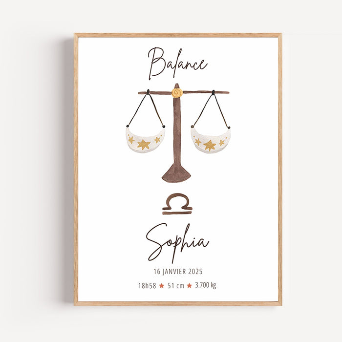 Póster signo Libra personalizado con detalles dorados para decoración de habitación infantil