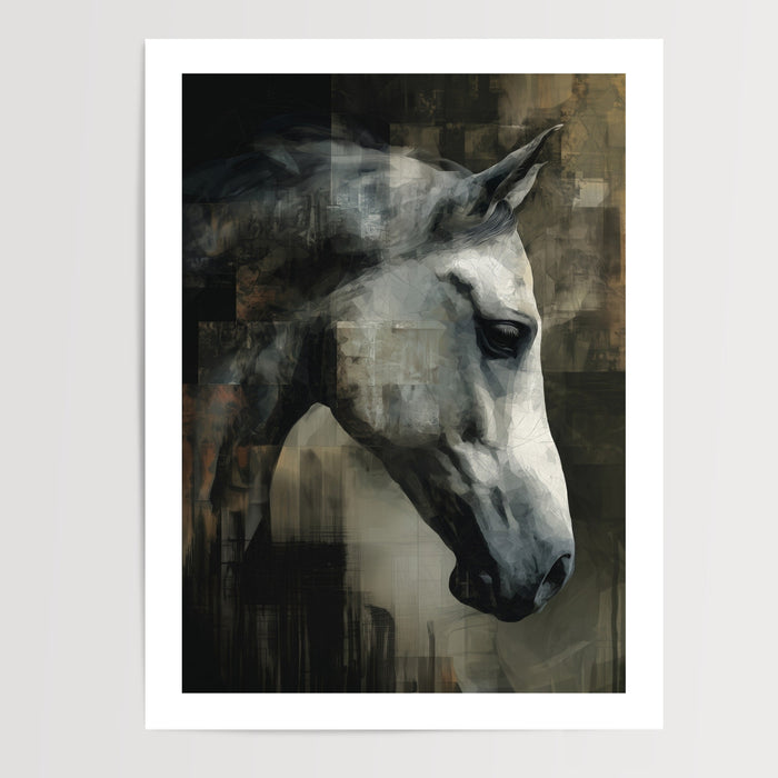 Poster & affiche cheval blanc portrait artistique texturé tons gris beige pour décoration murale élégante — passe-partout blanc