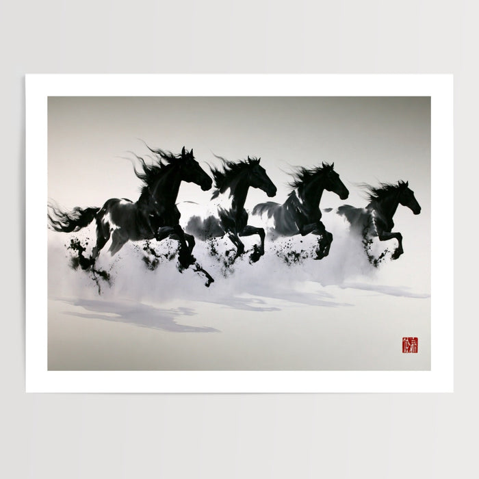 Poster & affiche chevaux au galop noir et blanc encre de Chine pour décoration murale salon moderne — passe-partout blanc