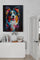 Modern interior with white dresser, stacked books, statement lamp, white door with black handle, textured white wall, dog wall art poster