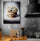 Chocolate chip cookies art print with powdered sugar, shown on a concrete wall in a kitchen with a wooden countertop