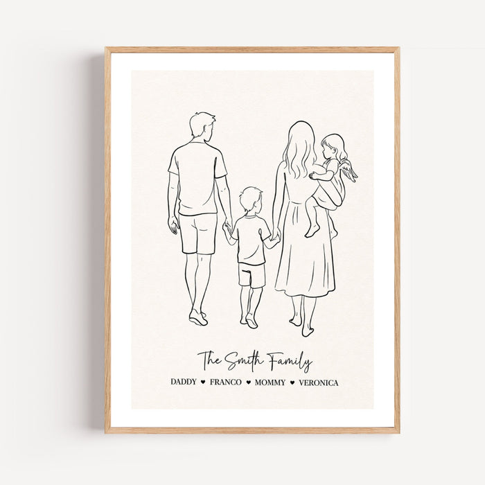 Poster famille personnalisé dessin au trait minimaliste avec prénoms et cœurs affiche décorative murale — passe-partout blanc