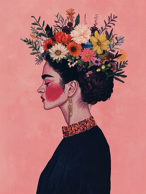 Profile portrait of an elegant woman on a solid pink background. She wears a large colorful flower crown over her hair in a bun. Her black dress features a collar adorned with red patterns, and her cheeks are painted in bright pink.