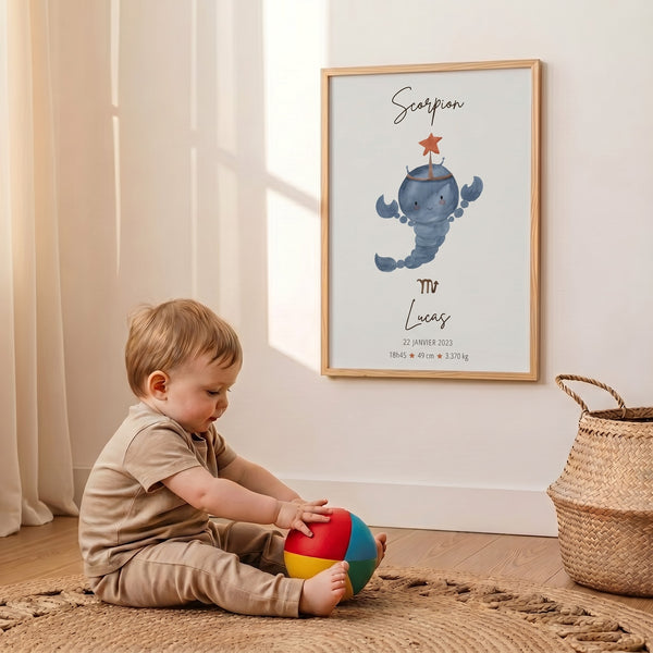 Affiche naissance personnalisée scorpion bleu-gris prénom Lucas chambre bébé décor moderne