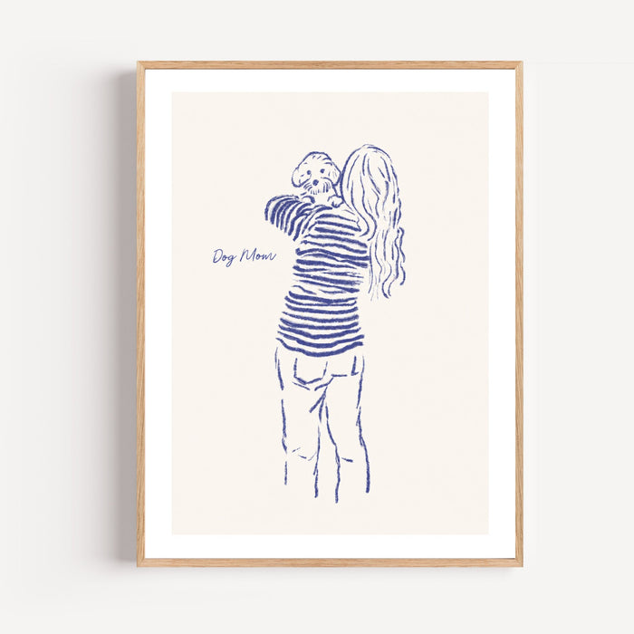 Affiche personnalisée famille Dog Mom femme portant chien dessin minimaliste bleu — passe-partout blanc