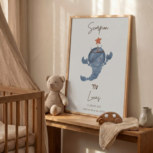 Affiche personnalisée naissance scorpion bleu-gris prénom Lucas décoration chambre bébé sur-mesure