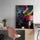 Rhino typography poster styled on a light wood desk with a pink lamp, blush designer chair, books, and plant decor; plain gray wall for a creative home office look