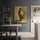 Beige horse framed print with a gold background, styled in a modern dining room with dark walls