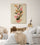 Blue birds on sakura cherry blossom branches, boho minimalist bedroom wall art with rattan and light wood decor