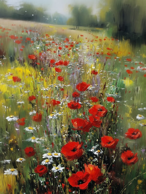 Colorful field of poppies and daisies in a vibrant and natural impressionist landscape