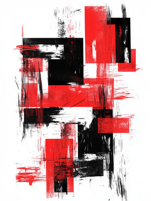 Abstract artwork on white background, featuring layered red and black rectangles with scratch effects. Raw, dynamic style, unframed with no surrounding decorative elements.