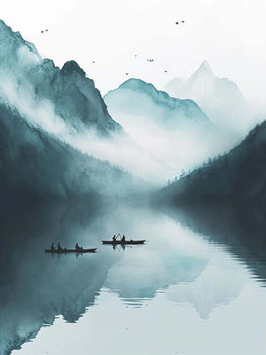 Artistic illustration of mountains and a mirrored lake with fishermen in boats. The image is engulfed in a blue mist, creating a sense of peace.