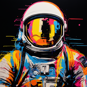 The image showcases a colorful astronaut splattered with vivid ink, wearing a helmet reflecting an urban landscape, set against a black background.