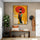 Cozy entryway with wooden bench and framed Japanese wall art