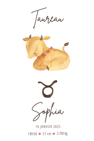 Astrological canvas of the Taurus sign depicting a sleeping calf, accompanied by the baby's name, birth date, weight, and height. Its soft tones and watercolor illustration offer a soothing, warm touch.