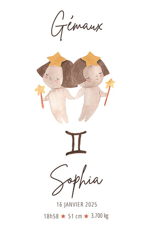 Poetic drawing of two watercolor twins holding star wands, symbolizing the Gemini astrological sign.