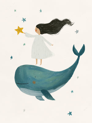 Illustration enfantine d'une fille sur une baleine tenant une étoile, ambiance magique et imaginaire