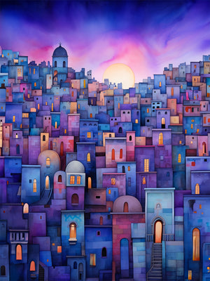 Ville onirique en crépuscule, palette apaisante pour une ambiance sereine.