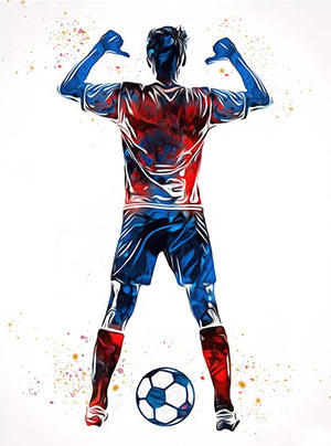 Image shows an artistic illustration in blue and red featuring a French team-inspired soccer player from the back, arms raised, with a soccer ball in front. The style is artistic with flowing patterns.