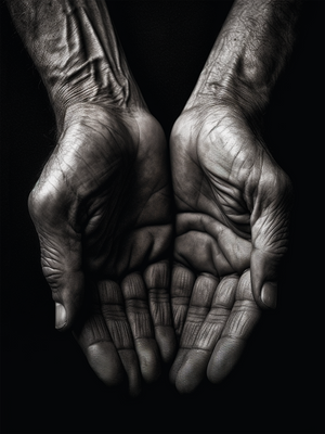 Striking contrast between the dark background and joined hands in the print, telling a deep story