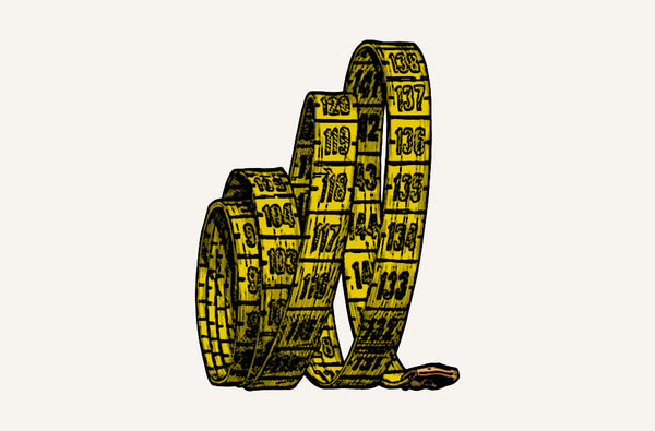A coiled yellow tape measure, painted.