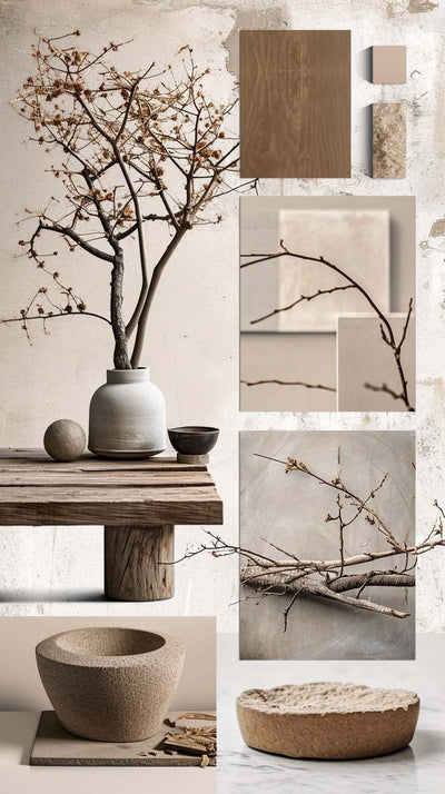 Minimalist mood board in neutral colors with natural textures like raw wood, stone, ceramics, and dry branches. The overall design evokes a zen, artisanal, and organic aesthetic, perfect for inspiring a calming and clean decor