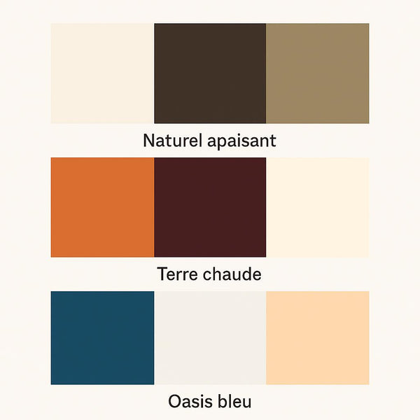 Trois palettes de couleurs inspirées de l’artisanat et des paysages marocains :
– Naturel apaisant avec des tons crème, brun profond et beige sable ;
– Terre chaude aux teintes orange, bordeaux et ivoire ;
– Oasis bleu mêlant bleu profond, blanc cassé et abricot doux.