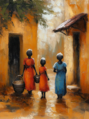 Painting of three African women in colorful dresses walking down an ochre alley. The warm, traditional ambience adds an ethnic touch ideal for travel-inspired wall décor.
