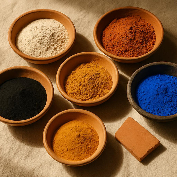 Palette de pigments naturels traditionnels dans des coupelles en terre cuite : ocre, bleu Majorelle, noir, safran et blanc cassé. Ces poudres minérales servent à la teinture, la poterie ou la décoration artisanale dans l’art berbère et marocain.