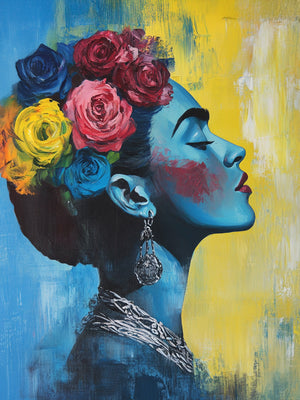 A vibrant portrait of Frida Kahlo in profile, her skin painted blue contrasting with a bright yellow background. Her hair is adorned with red, yellow, and blue roses, and she wears sumptuous silver earrings along with a detailed necklace. The image features expressive painting effects with abstract touches, projecting strength and determination.