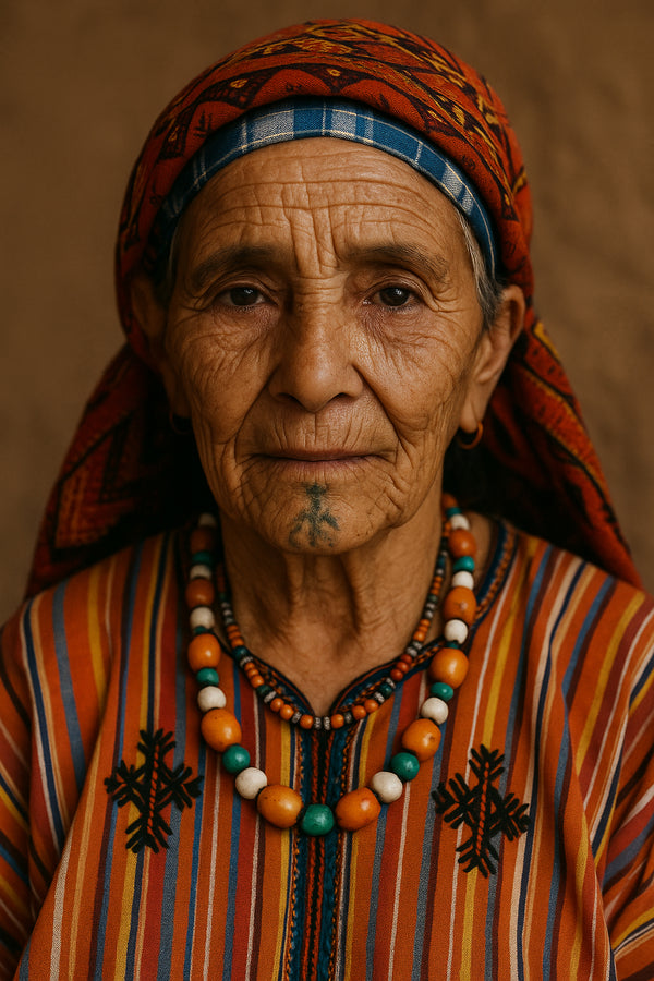 Portrait d'une femme amazighe âgée, vêtue d’une tenue traditionnelle berbère colorée à rayures, parée de colliers de perles et d’un tatouage ancestral au menton. Son regard profond et serein incarne la sagesse, l’histoire et la fierté de la culture amazighe.