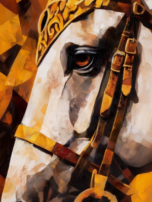 Artistic portrait of a white horse with a golden bridle, captivating impressionist style