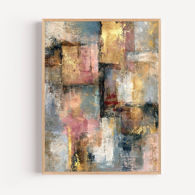 Modern abstract art print - gold accents with pink mist and deep blue tones