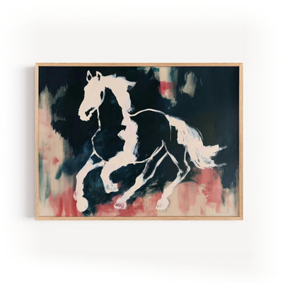 Poster & affiche cheval en mouvement, peinture abstraite blanc et noir sur fond bleu et rose