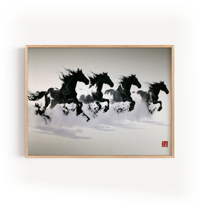 Poster & affiche chevaux au galop noir et blanc style aquarelle chinoise art mural