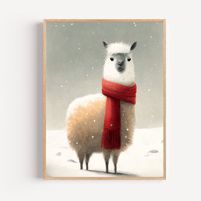 Poster Alpaga des neiges - Petit lama à l'écharpe rouge