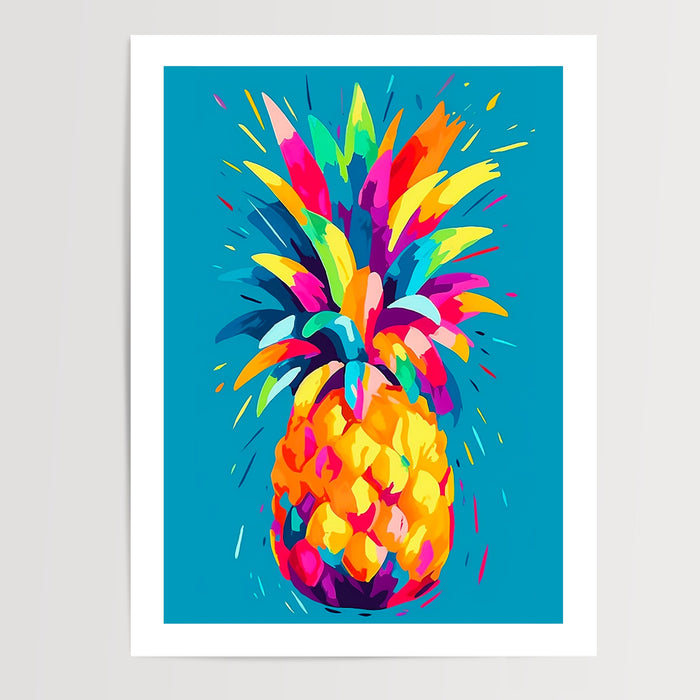 Poster Ananas arc-en-ciel - Fruit acidulé sur fond turquoise — Vierge - poster-presentation-produit — passe-partout blanc