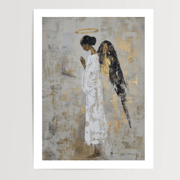 Poster Ange en prière - Ailes noires et or, recueillement et sérénité — Vierge - poster-presentation-produit — passe-partout blanc