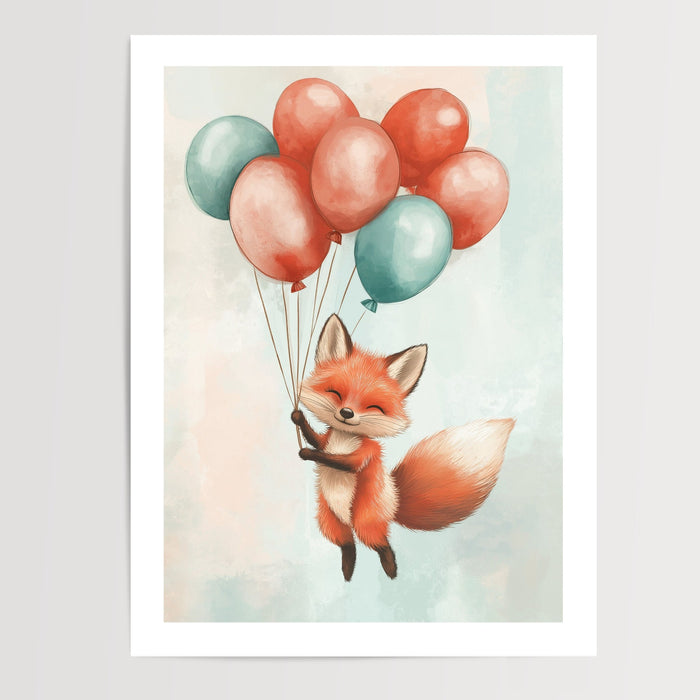 Poster Bébé renard - Douce envolée en ballons pastel — Vierge - poster-presentation-produit — passe-partout blanc