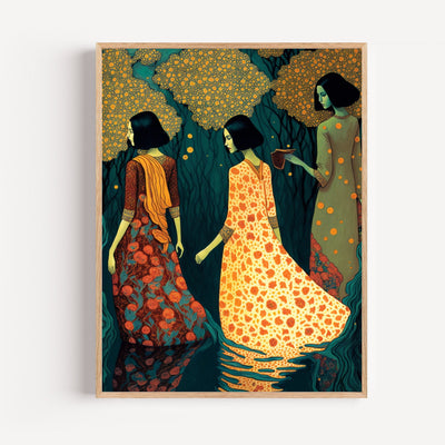 Poster Baigneuses indiennes - Douceur d'un bain sous la lune