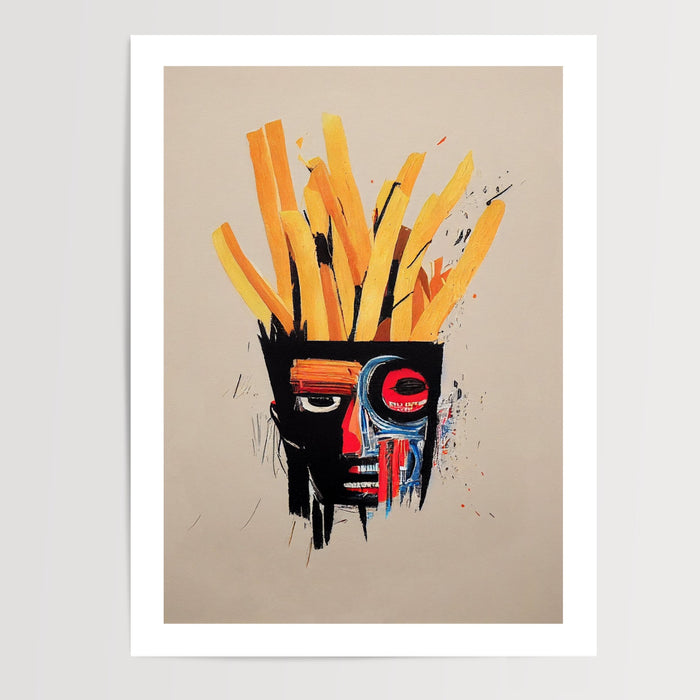 Poster Basquiat - Visage pop aux cheveux de frites en cuisine — Vierge - poster-presentation-produit — passe-partout blanc